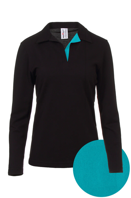 Damen Poloshirt Pina_Black Edition mit langen Armen und V-Leiste in Blau
