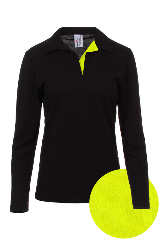 Damen Poloshirt Pina_Black Edition mit langen Armen und V-Leiste in Warnfarbe