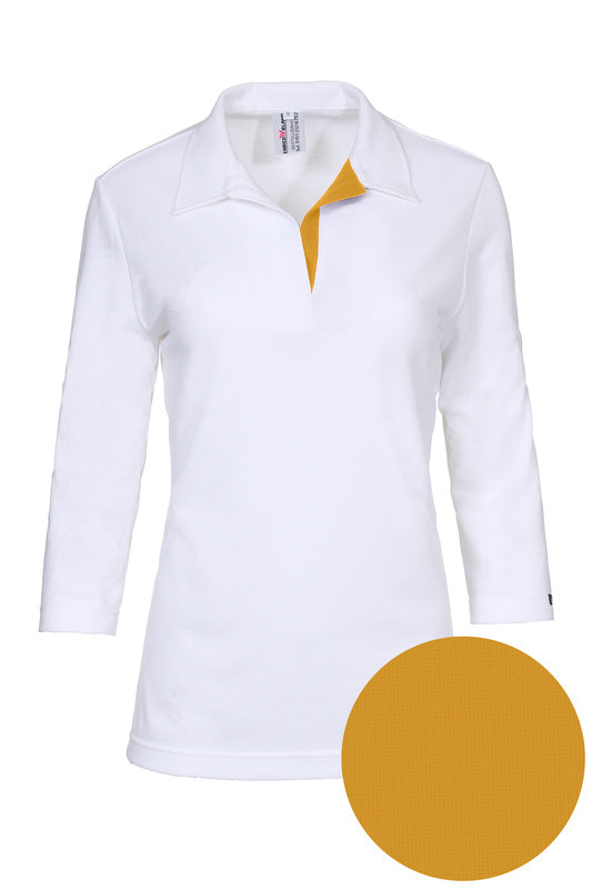 Damen Poloshirt Pina_White Edition 3/4 Arm, Weiß mit Gelb