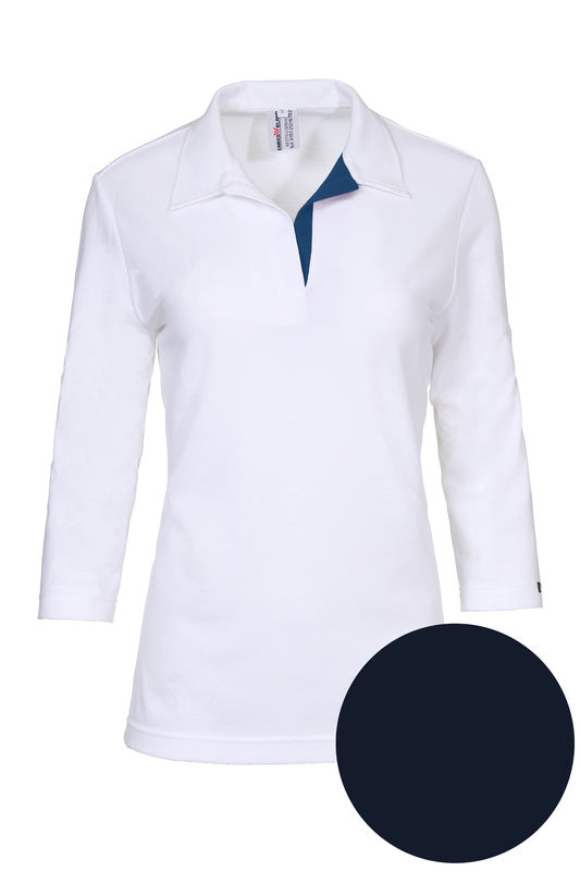 Damen Poloshirt Pina_White Edition 3/4 Arm, Weiß mit Blau