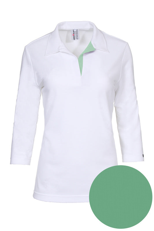 Damen Poloshirt Pina_White Edition 3/4 Arm, Weiß mit Mintgrün