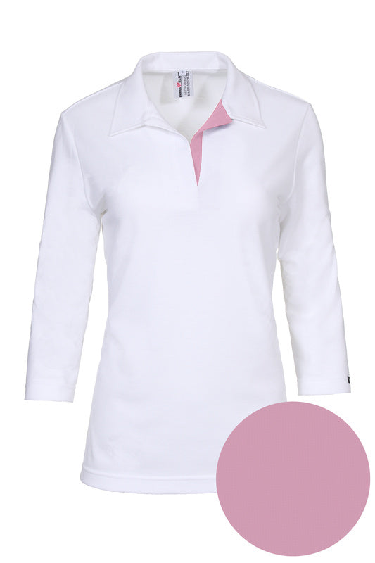 Damen Poloshirt Pina_White Edition 3/4 Arm, Weiß mit Rosa