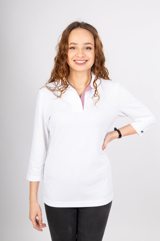 Damen Poloshirt Pina_White Edition 3/4 Arm, Weiß mit Rosa