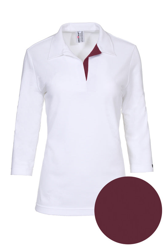 Damen Poloshirt Pina_White Edition 3/4 Arm, Weiß mit Weinrot