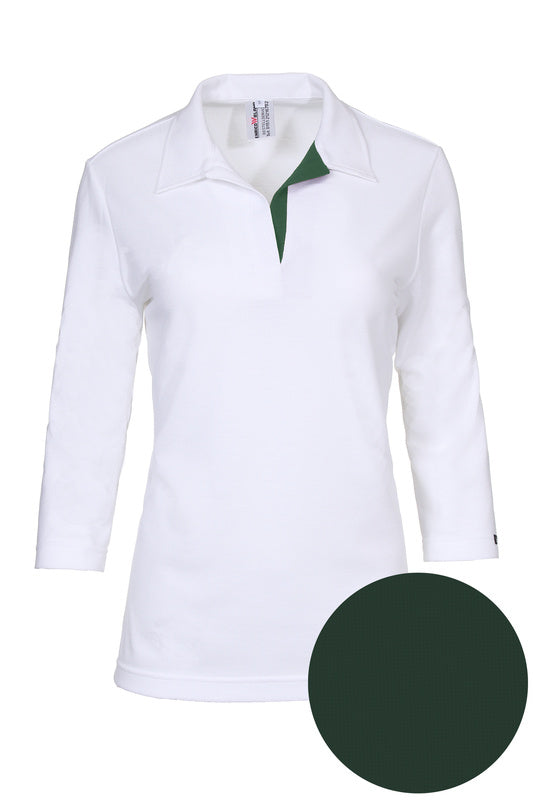 Damen Poloshirt Pina_White Edition 3/4 Arm, Weiß mit Grün