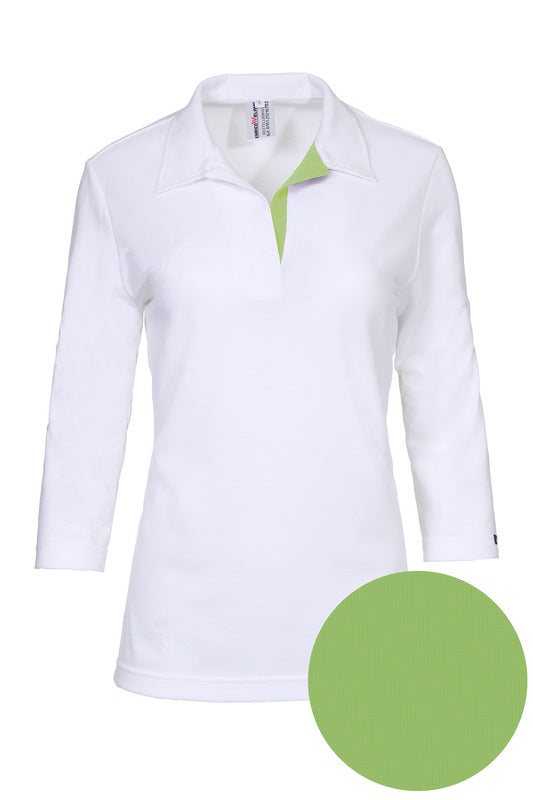 Damen Poloshirt Pina_White Edition 3/4 Arm, Weiß mit Grün