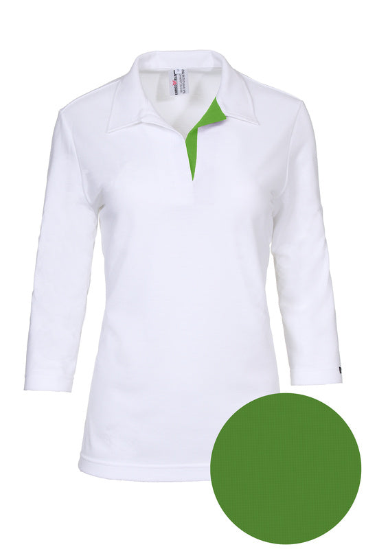 Damen Poloshirt Pina_White Edition 3/4 Arm, Weiß mit Grün