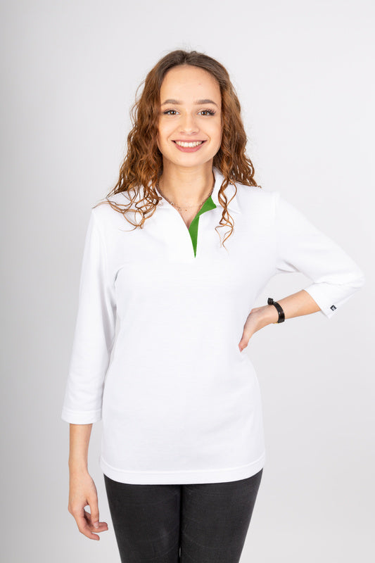 Damen Poloshirt Pina_White Edition 3/4 Arm, Weiß mit Grün
