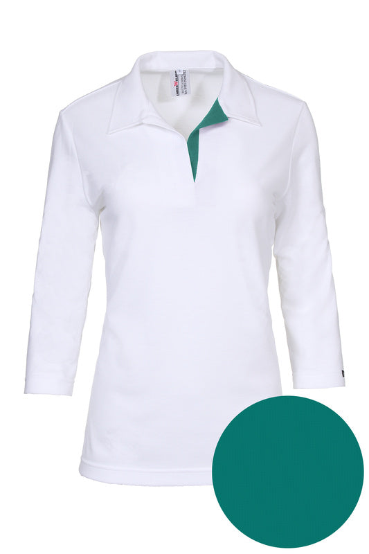 Damen Poloshirt Pina_White Edition 3/4 Arm, Weiß mit Grünblau
