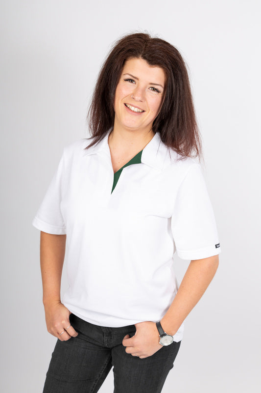 Weißes Damen Poloshirt Pina_White Edition in Kurzarm mit V-Ausschnitt in Grün