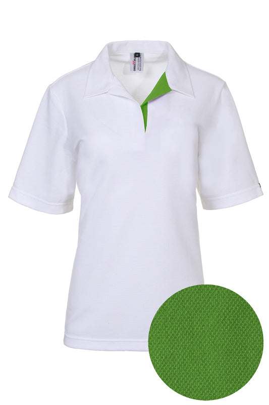 Weißes Damen Poloshirt Pina_White Edition in Kurzarm mit V-Ausschnitt in Grün