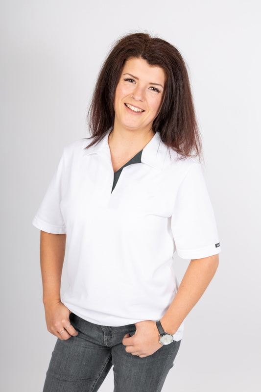 Weißes Damen Poloshirt Pina_White Edition in Kurzarm mit V-Ausschnitt in Dunkelgrau