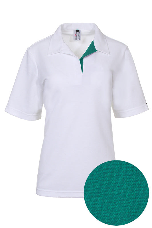 Weißes Damen Poloshirt Pina_White Edition in Kurzarm mit V-Ausschnitt in Blau