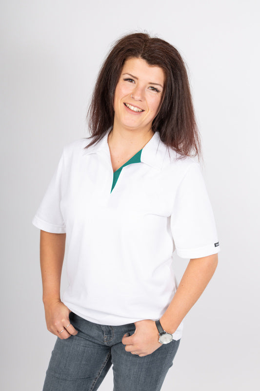 Weißes Damen Poloshirt Pina_White Edition in Kurzarm mit V-Ausschnitt in Blau