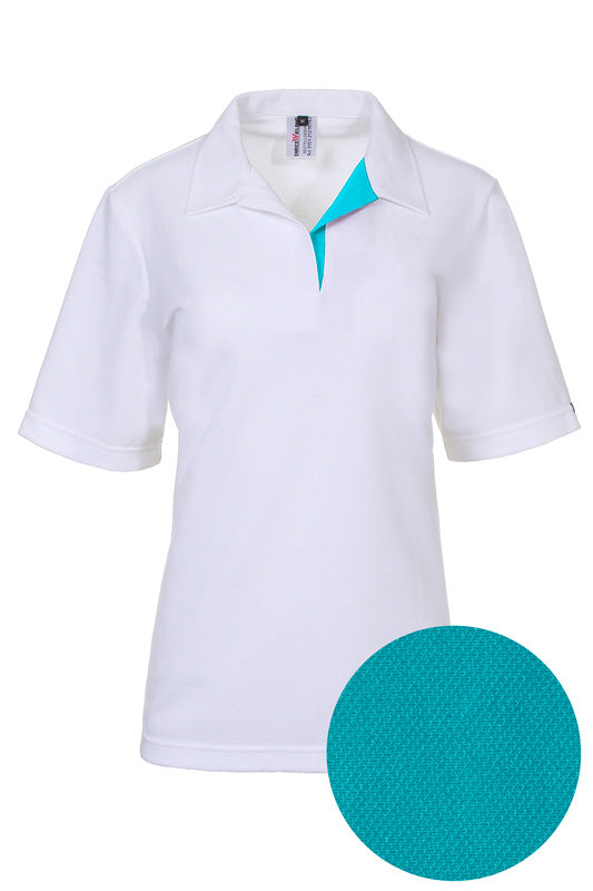 Weißes Damen Poloshirt Pina_White Edition in Kurzarm mit V-Ausschnitt in Blau