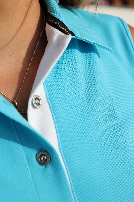 Polotop Livia Türkis – Ärmelloses Damen Piqué-Top mit Polokragen & Knopfleiste