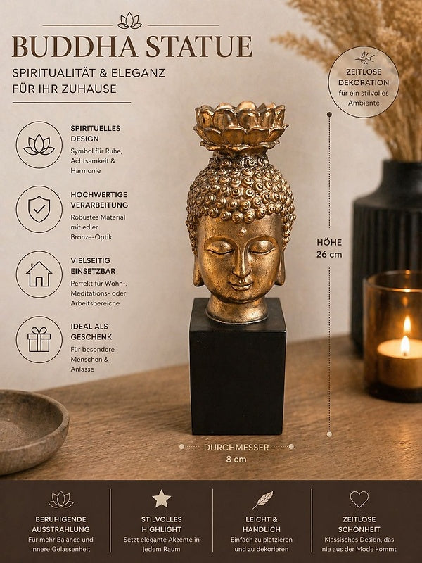 Buddha Kerzenständer 26 cm in Bronze-Optik – Dekorative Buddha Statue mit Teelichthalter für Meditation & Wohnraumdeko