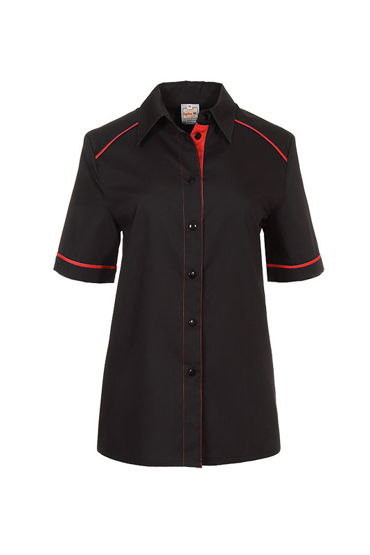 Performance Damenbluse Raina_Black Edition in der Grundfarbe schwarz mit farbigem Untertritt, abgesetzter Armpaspel sowie farbiger Schulterpaspel
