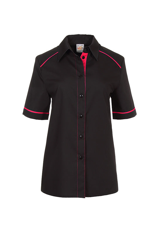 Performance Damenbluse Raina_Black Edition in der Grundfarbe schwarz mit farbigem Untertritt, abgesetzter Armpaspel sowie farbiger Schulterpaspel