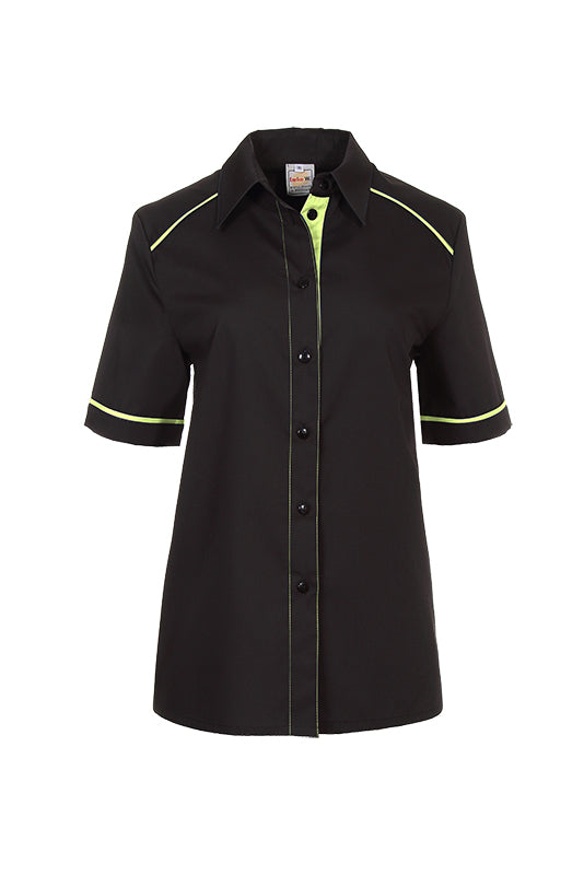 Performance Damenbluse Raina_Black Edition in der Grundfarbe schwarz mit farbigem Untertritt, abgesetzter Armpaspel sowie farbiger Schulterpaspel