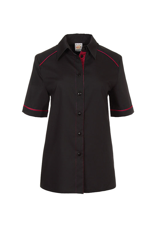 Performance Damenbluse Raina_Black Edition in der Grundfarbe schwarz mit farbigem Untertritt, abgesetzter Armpaspel sowie farbiger Schulterpaspel