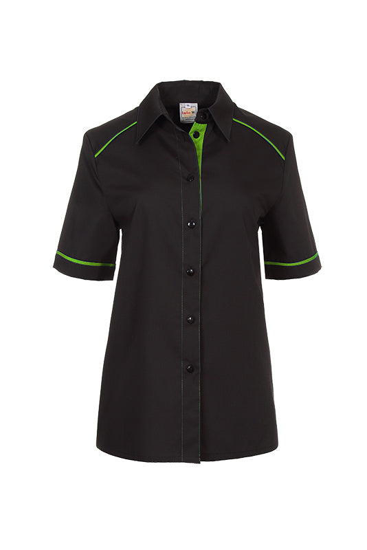 Performance Damenbluse Raina_Black Edition in der Grundfarbe schwarz mit farbigem Untertritt, abgesetzter Armpaspel sowie farbiger Schulterpaspel