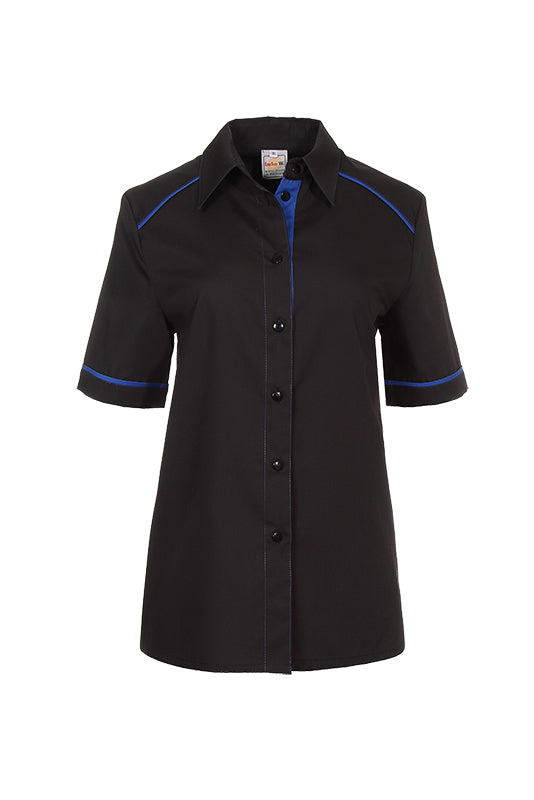Performance Damenbluse Raina_Black Edition in der Grundfarbe schwarz mit farbigem Untertritt, abgesetzter Armpaspel sowie farbiger Schulterpaspel