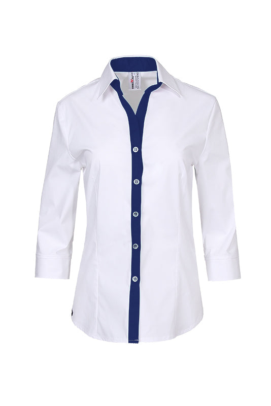 Performance Damenbluse Raja_White Edition mit schickem Frontbesatz in Blau