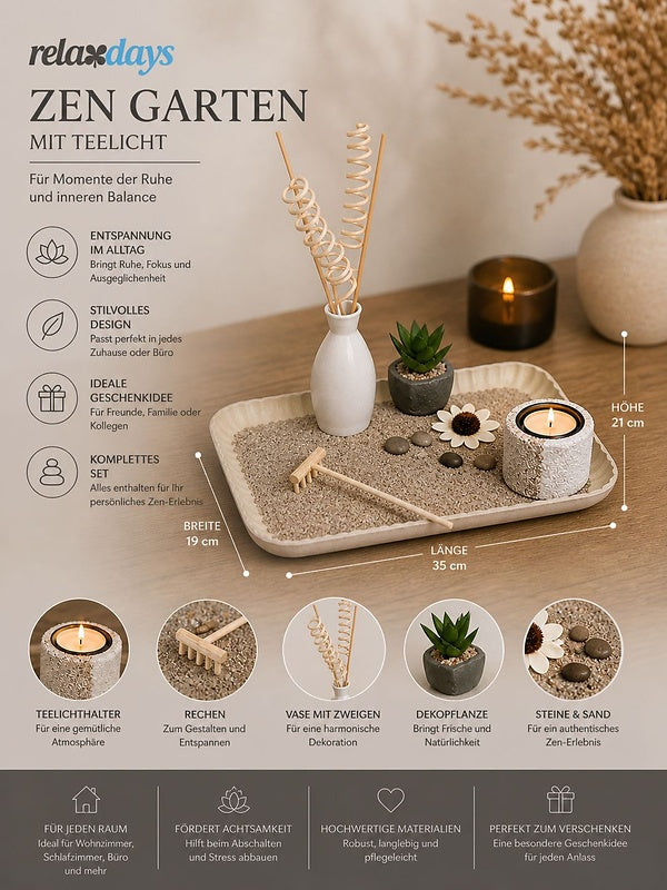 Relaxdays Zen Garten mit Teelicht 35 x 19 x 21 cm – Mini Zen-Garten Set mit Sand, Steinen, Rechen & Kerzendeko
