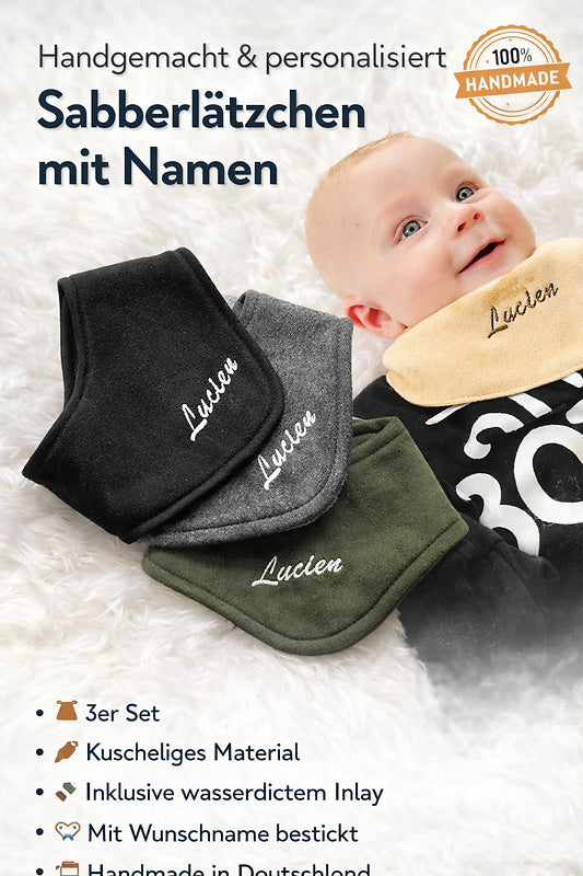 Bibs set of 3 with name – handmade from Issigau