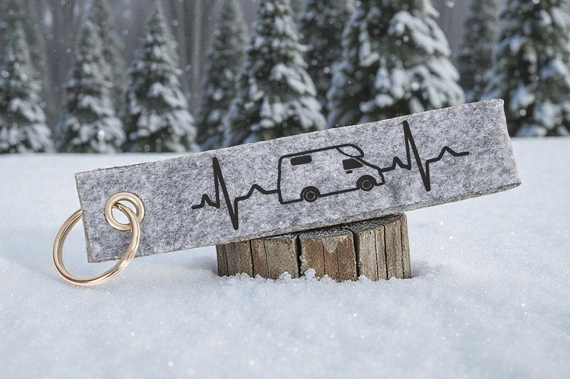 Wiemobil Felt Keyring "Puls" - Grey | Campervan & Heartbeat Design | Lanyard with Logo Print | Vanlife Accessory