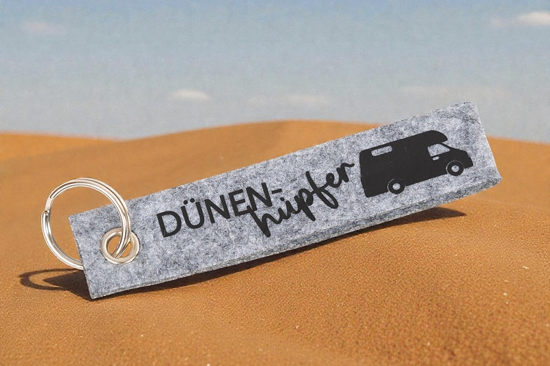 Wiemobil Felt Keyring "Dünenhüpfer" - Grey | Campervan Design | Lanyard with Logo Print | Vanlife & Camping Accessory
