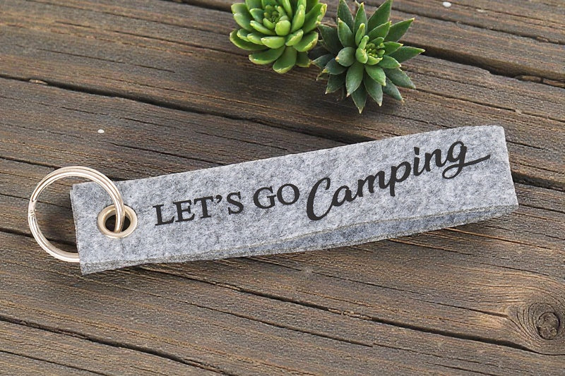 Wiemobil Felt Keychain "Let's Go Camping" - Grey | Lanyard with Logo Print | Camping & Vanlife Accessory