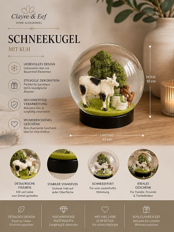 Clayre & Eef Schneekugel mit Kuh – Dekorative Glaskugel im Landhausstil für Bauernhof Deko & Geschenkideen