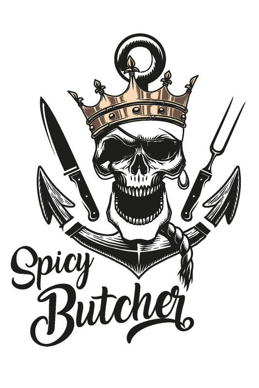 Spicy Butcher Queen als Stickerei auf der Kochjacke