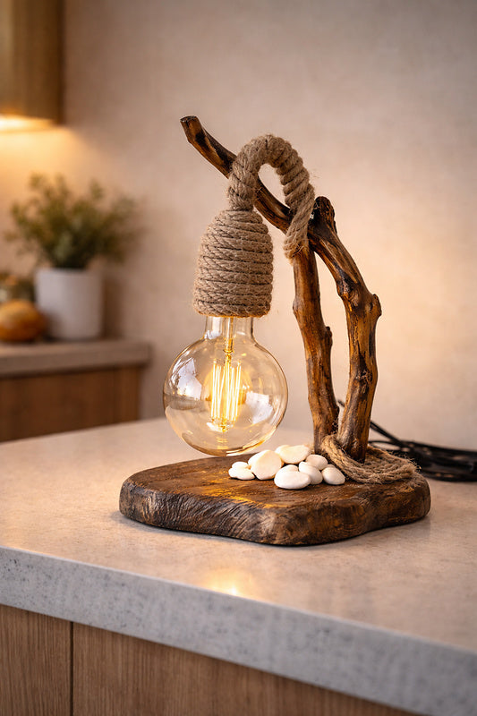 Handmade Table Lamp Made of Wood & Rope – Natural Design with Vintage Bulb | Exclusiv Wohnen