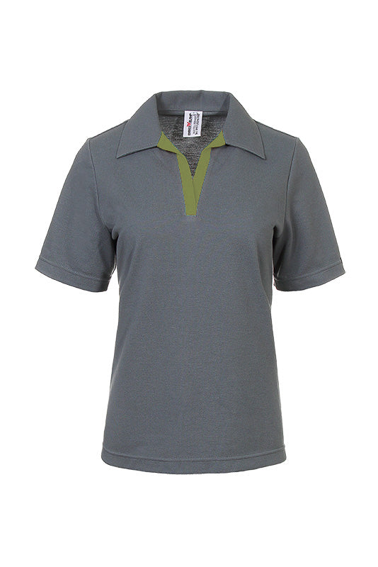Performance Poloshirt Volly_Mr. & Mrs. Grey - graues damenpolo mit grüner Knopfleiste