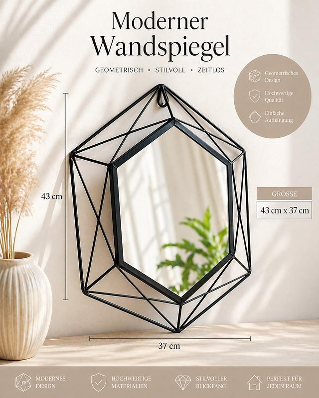 Moderner 6-eckiger Wandspiegel 43 x 37 cm – Geometrischer Designspiegel mit schwarzem Rahmen