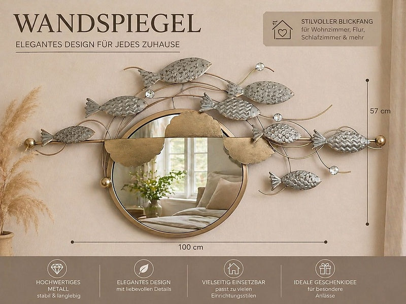 Wandspiegel mit Metallornamenten, Fischen & Schmucksteinen 100 x 57 cm – Eleganter Designspiegel von Exclusiv Wohnen Home & Deko