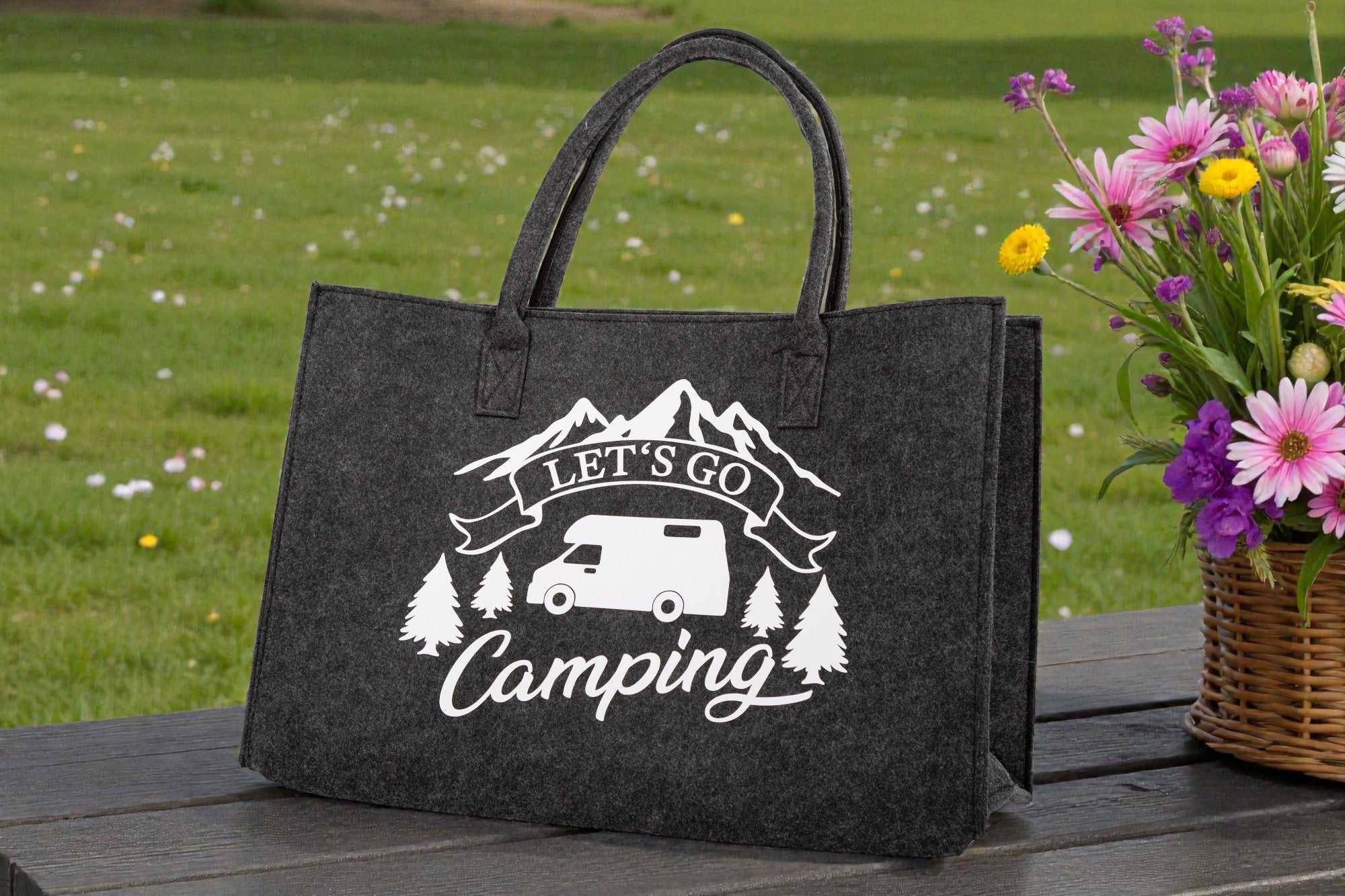 Wiemobil Felt Bag "Let's Go Camping" - Anthracite | Large Felt Shopping Bag with Logo Print | Camper & Outdoor Bag