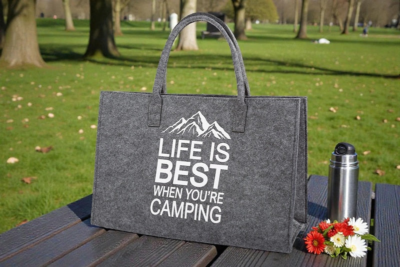 Wiemobil Felt Bag "Life Is Best When You're Camping" – Grey | Large Felt Shopping Bag with Logo Print | Camping & Outdoor Bag