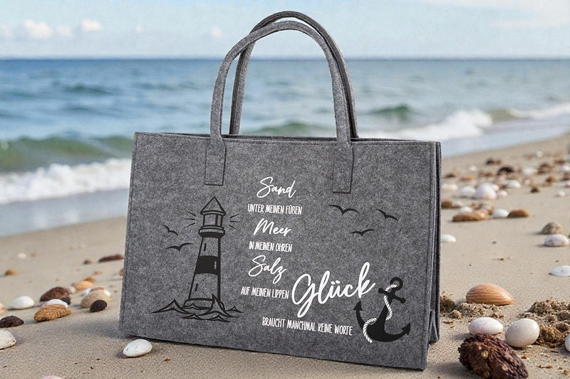 Wiemobil Felt Bag "Sand, Sea, Salt & Happiness" - Grey | Large Felt Beach & Shopping Bag with Logo Print | Lighthouse & Anchor