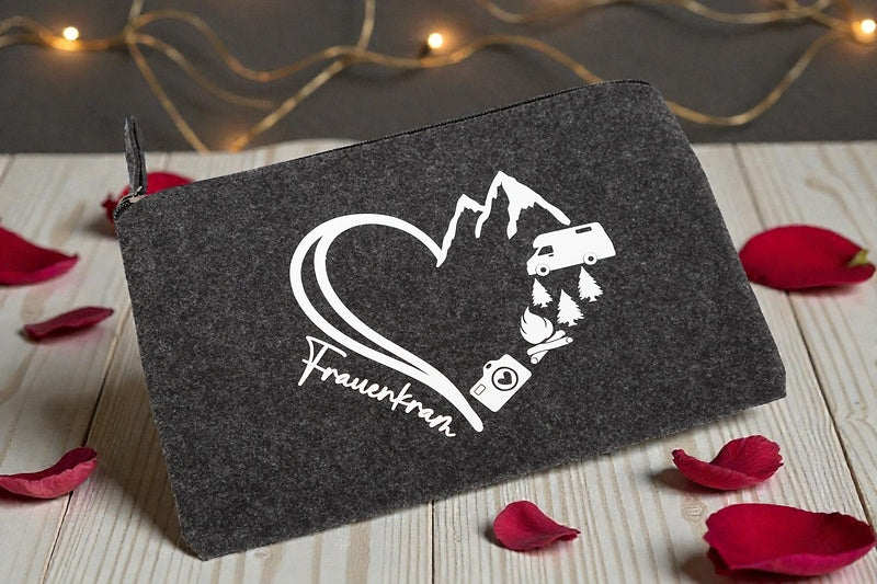 Wiemobil Felt Toiletry Bag "Women's Stuff" – Anthracite | Wash Bag with Heart, Mountains & Camper Motif | Bag with Logo Print