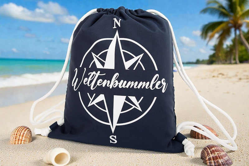 Wiemobil Drawstring Bag "Globetrotter" - Navy | Drawstring Backpack with Compass Rose & Logo Print | Vanlife & Travel Gym Bag