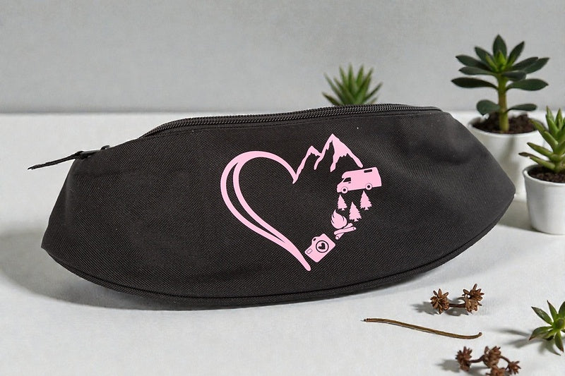 Wiemobil Hip Bag "Camping Love" - Black/Pink | Fanny Pack with Zipper & Heart-Camper Motif | Vanlife & Outdoor Bag