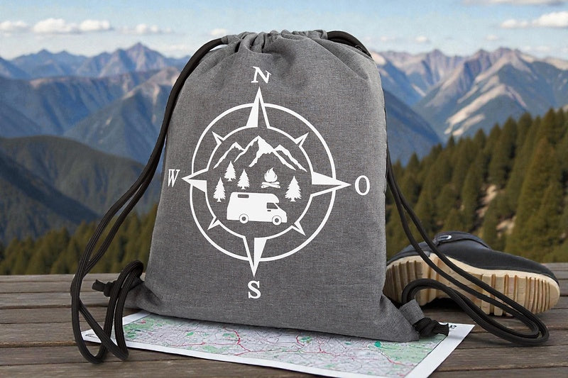 Wiemobil Drawstring Bag "Compass Rose Camper" - Grey | Cord Backpack with Mountain & Motorhome Design | Vanlife & Outdoor Gymbag