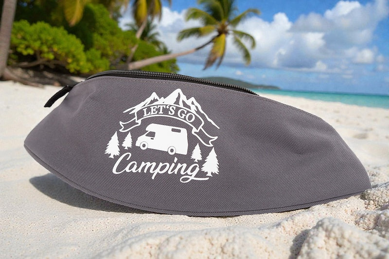 Wiemobil Hip Bag "Let's Go Camping" - Grey | Fanny Pack with Zipper & Logo Print | Camping & Vanlife Bag