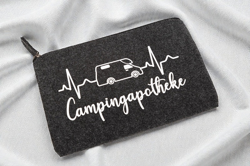 Wiemobil Felt Cosmetic Bag "Camping Pharmacy" - Anthracite | Toiletry Bag with Camper & Pulse Motif | Bag with Logo Print