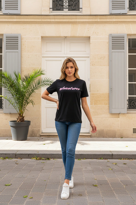 Wiemobil Campingshirt „adventurer“ – Damen & Herren | Outdoor & Vanlife T-Shirt in Black/Rose