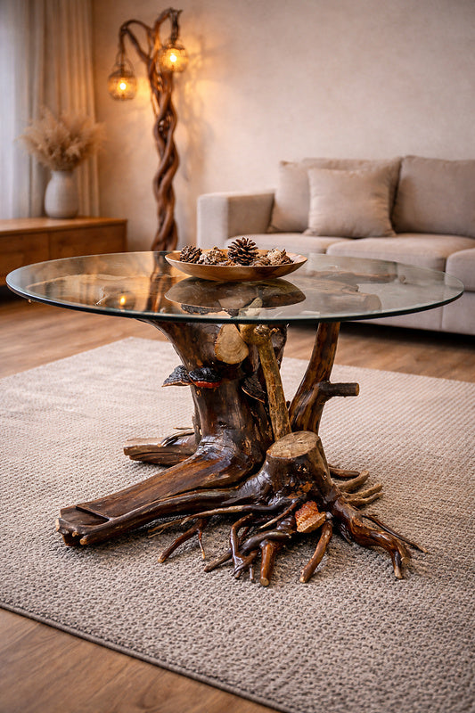 Wurzeltisch mit Glasplatte – handgefertigter Esstisch aus Naturholz | Exclusiv Wohnen